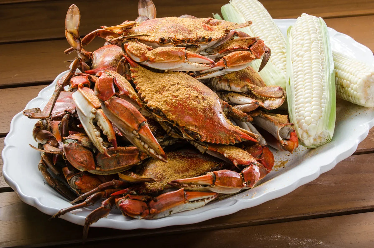 Steamed crabs packed cold in an insulated shipping cooler