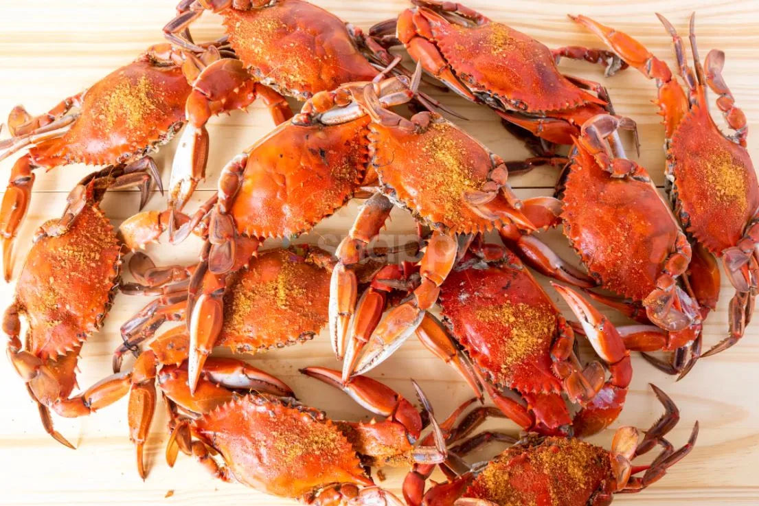 A dozen steamed Maryland blue crabs ready for picking