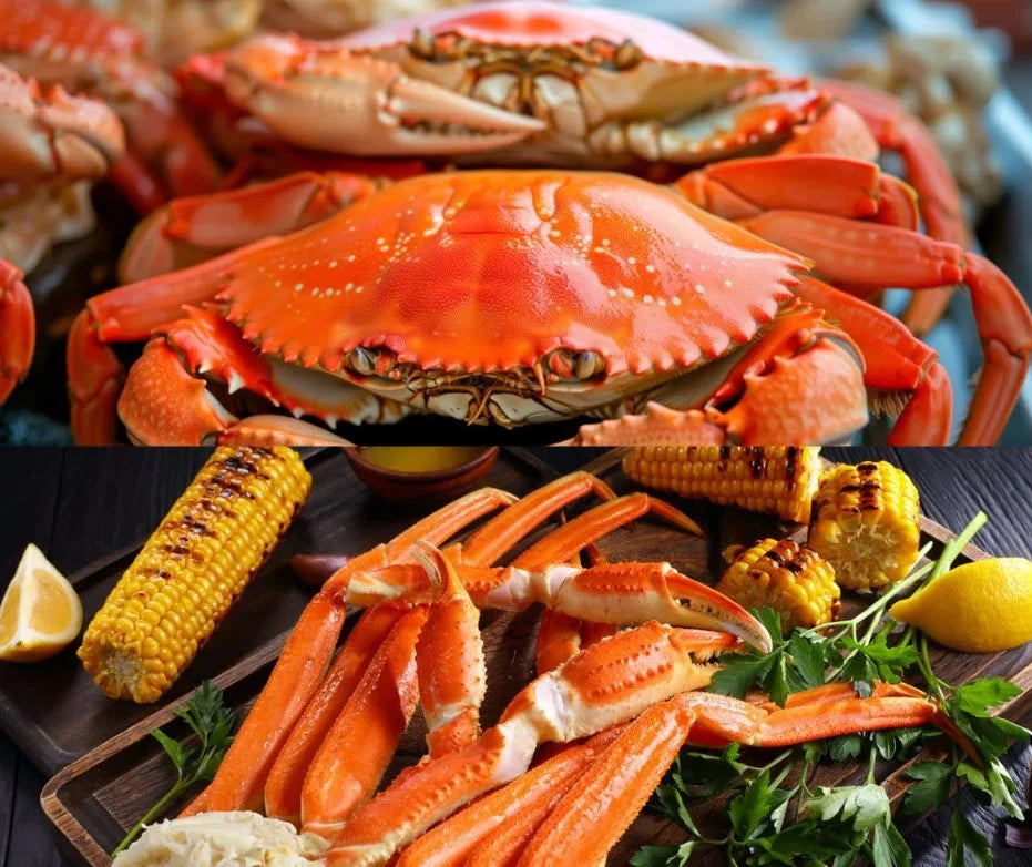 Dungeness crab beside snow crab legs