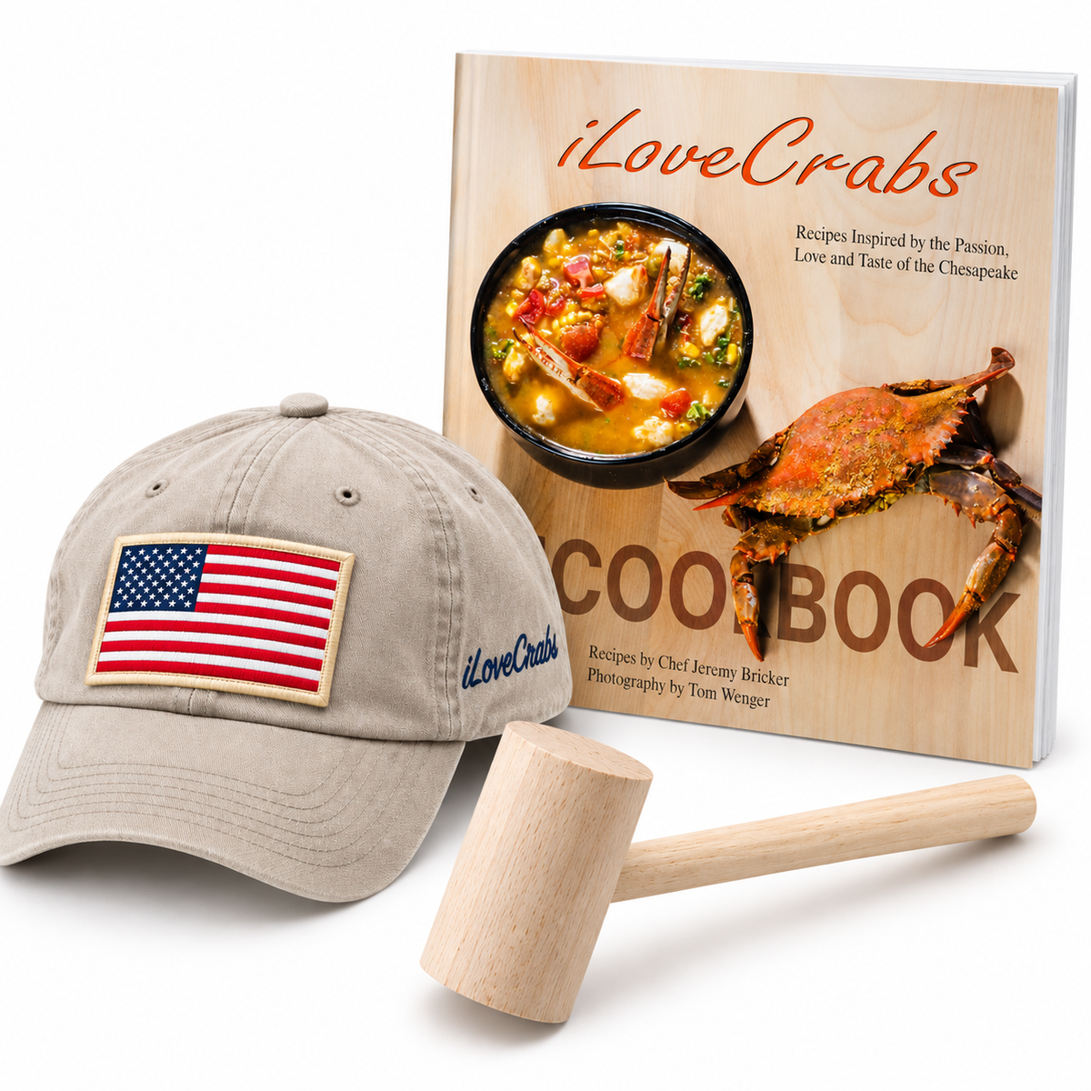 Wooden crab mallet with an iLoveCrabs cap and cookbook