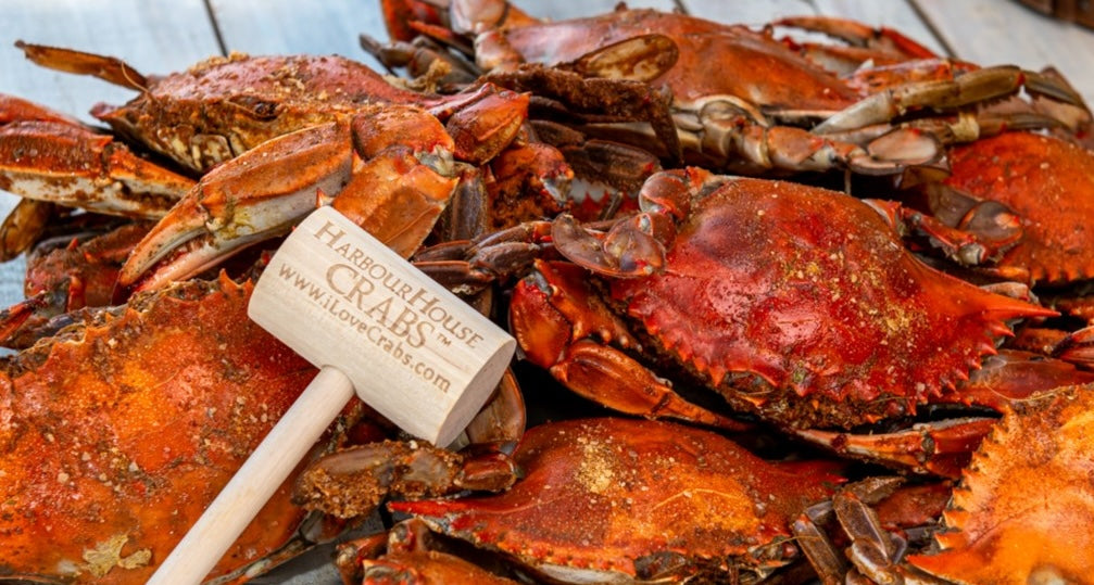 Pile of steamed jumbo male blue crabs with a crab mallet