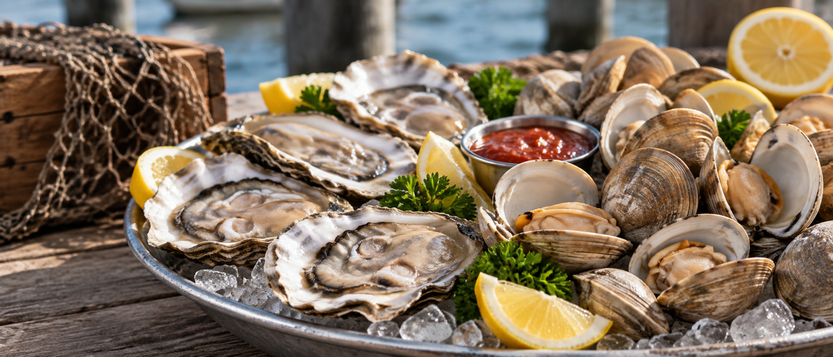 Shucked oysters and clams on ice with cocktail sauce
