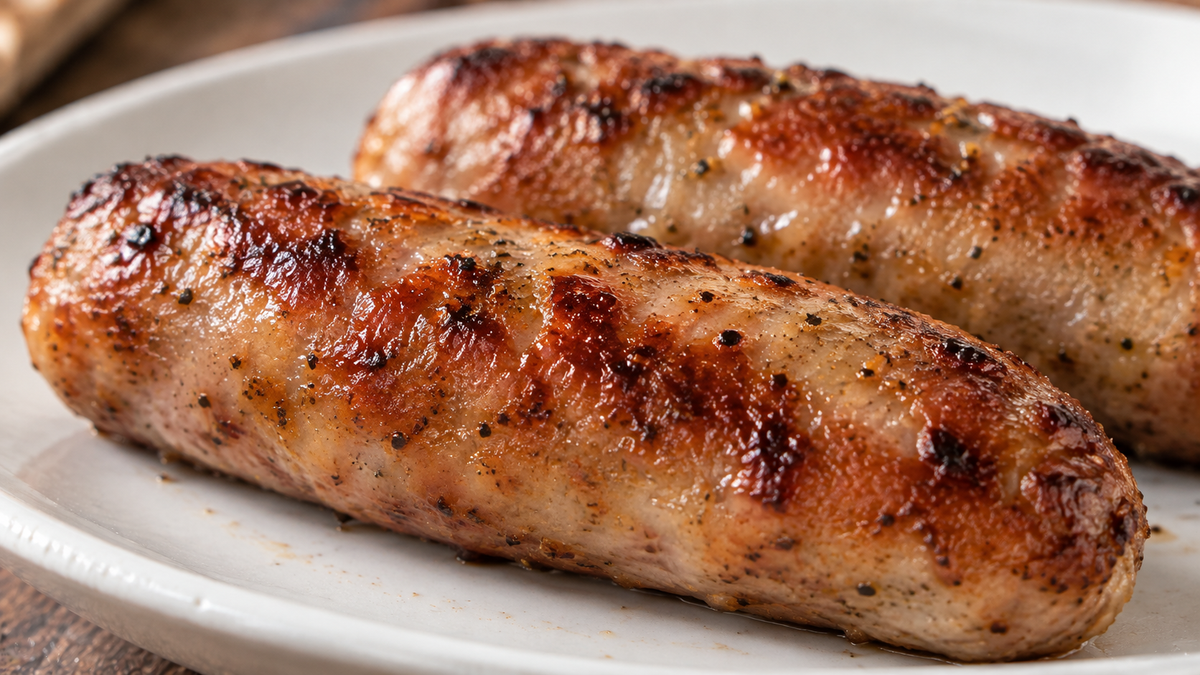Two grilled pork sausage links on a white plate