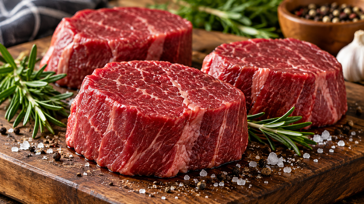Three raw beef tenderloin filets on a cutting board with rosemary