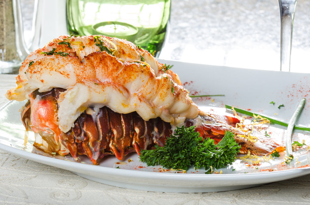 Broiled Maine lobster tail, meat piggybacked on the shell