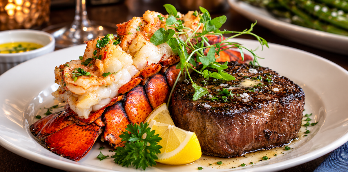 Broiled lobster tail and seared filet mignon on one plate
