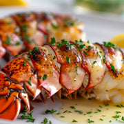 Maine lobster tail, butter-glazed shell close-up