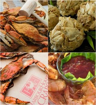 Steamed blue crabs, jumbo lump crab cakes and shrimp cocktail collage