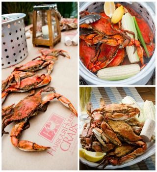 Premium blue crab feast collage: crabs on crab paper, in the pot, plated