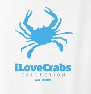 White iLoveCrabs T-shirt, close-up of the light blue crab print