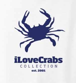 White iLoveCrabs long sleeve tee, close-up of the navy crab print