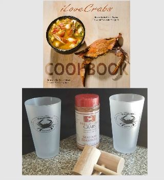 Crab lovers gift set laid out on a gray background