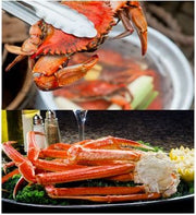 Steamed blue crab lifted from the pot above snow crab leg clusters