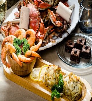 Jumbo blue crab dinner: steamed crabs, shrimp, crab cakes, brownies