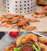 Steamed blue crabs and seasoned jumbo shrimp, two-photo collage