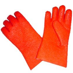 Pair of orange textured rubber crabbing gloves