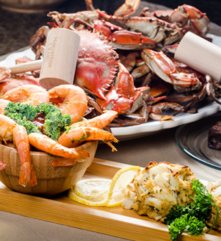 Steamed crabs, shrimp and a jumbo lump crab cake, from the cookbook