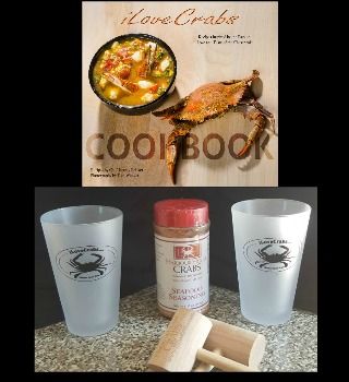 Crab lovers gift set: cookbook, glasses, seasoning and mallets on black