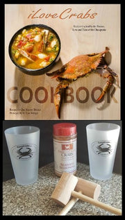 Crab lovers gift set: iLoveCrabs Cookbook, two glasses, seasoning, mallets