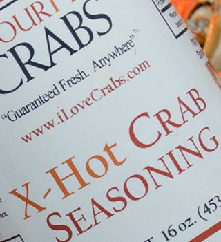 X-Hot Crab Seasoning label close-up, 16 oz jar