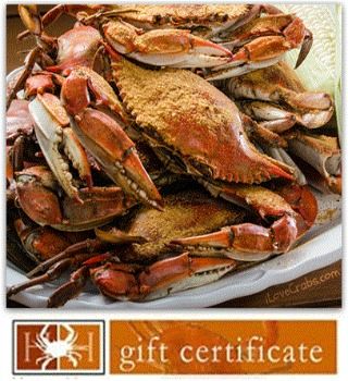 Steamed blue crabs above a Harbour House Crabs gift certificate banner
