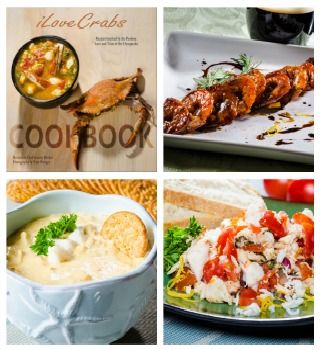iLoveCrabs Cookbook cover beside shrimp, crab dip and crab salad recipes