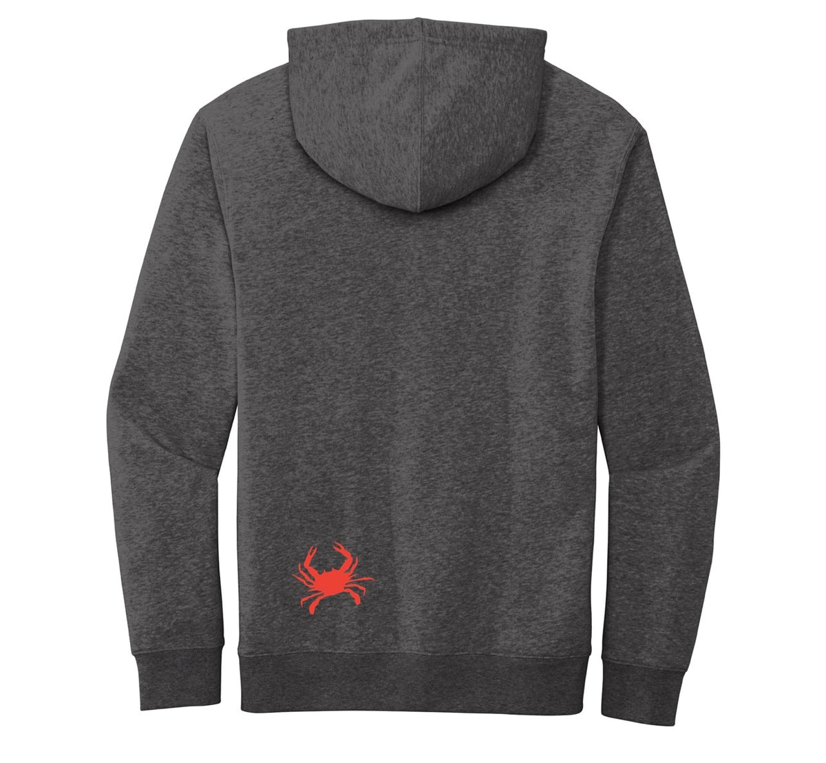 Gray iLoveCrabs hoodie, back with a small orange crab near the hem