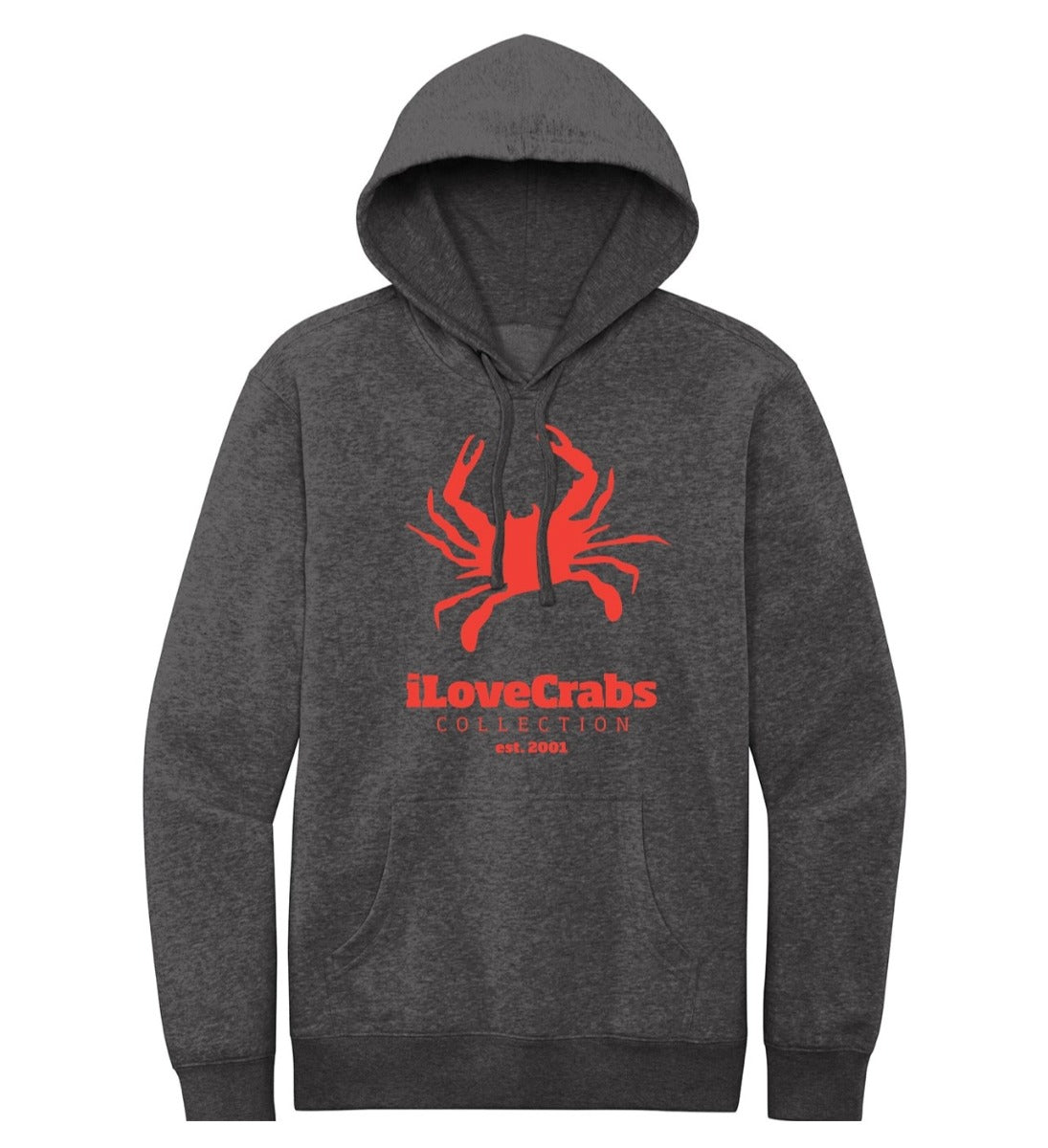 Charcoal gray iLoveCrabs hoodie with an orange crab logo, front
