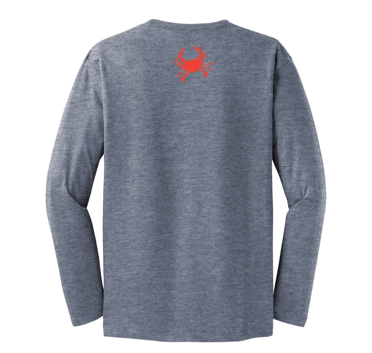 Light gray iLoveCrabs long sleeve tee, back with a small orange crab