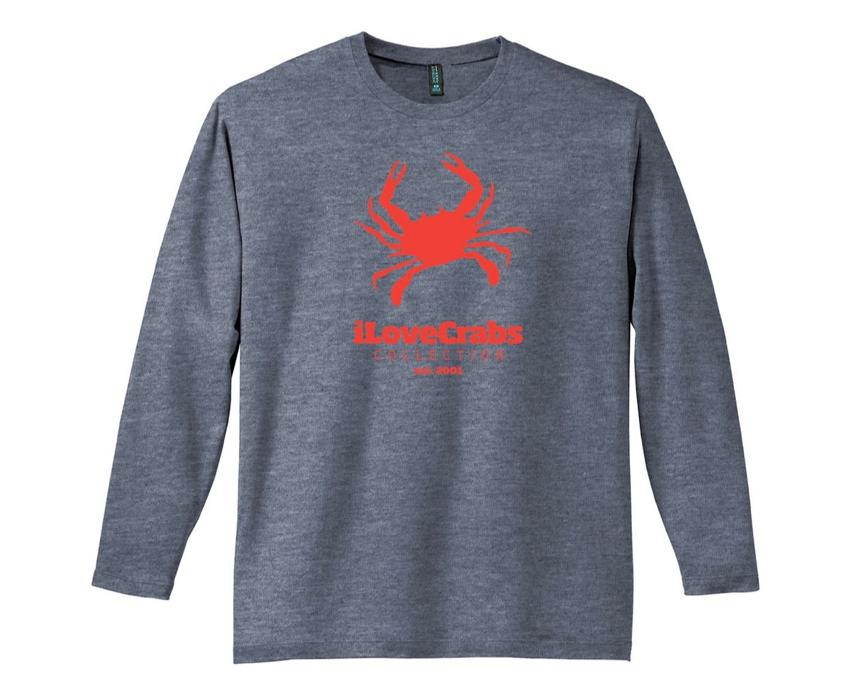 Heather gray iLoveCrabs long sleeve tee with an orange crab logo, front
