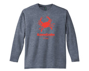 Heather gray iLoveCrabs long sleeve tee with an orange crab logo, front