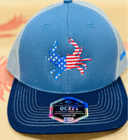 iLoveCrabs USA mesh trucker hat with a flag crab patch, front