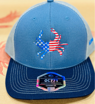 iLoveCrabs USA mesh trucker hat with a flag crab patch, front