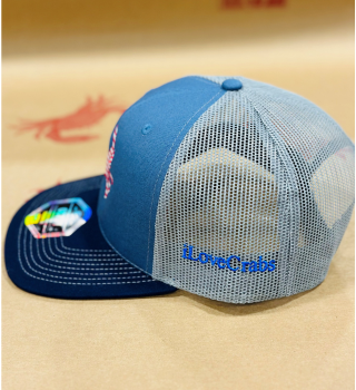 iLoveCrabs USA mesh trucker hat, side view with logo