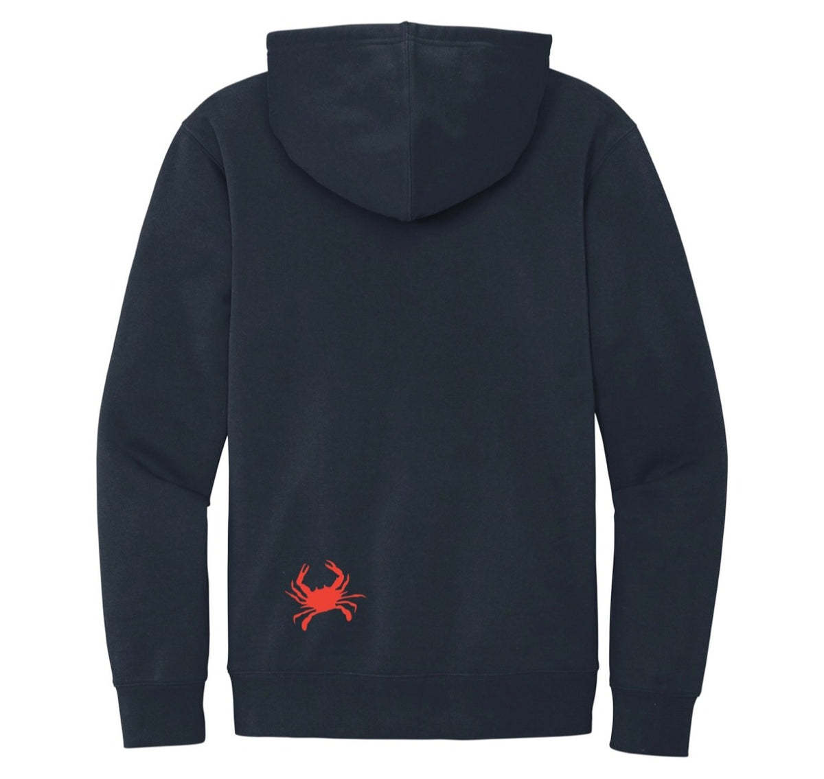 Navy iLoveCrabs hoodie, back with a small burnt orange crab
