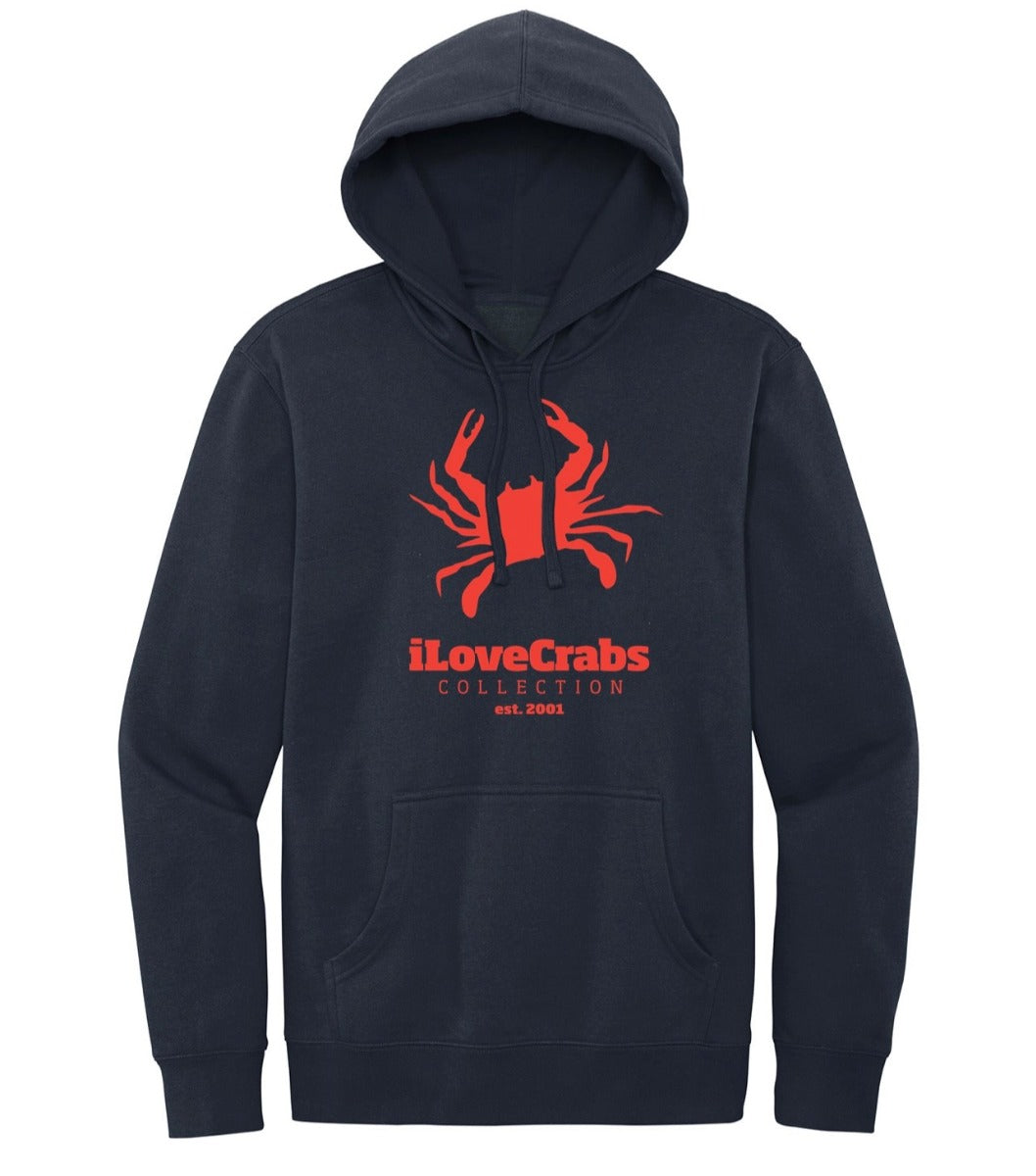 Navy iLoveCrabs hoodie with a burnt orange crab logo, front