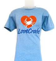 Blue iLoveCrabs summer T-shirt with an orange heart crab logo