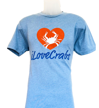 Blue iLoveCrabs summer T-shirt with an orange heart crab logo