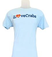 Light blue iLoveCrabs summer T-shirt with a red heart crab logo