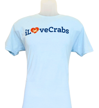 Light blue iLoveCrabs summer T-shirt with a red heart crab logo