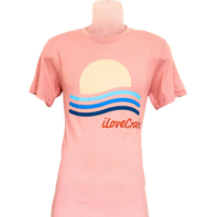 Pink iLoveCrabs summer T-shirt with a sunset and waves graphic