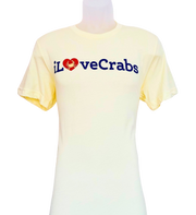 Yellow iLoveCrabs summer T-shirt with a red heart crab logo