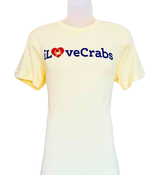 Yellow iLoveCrabs summer T-shirt with a red heart crab logo