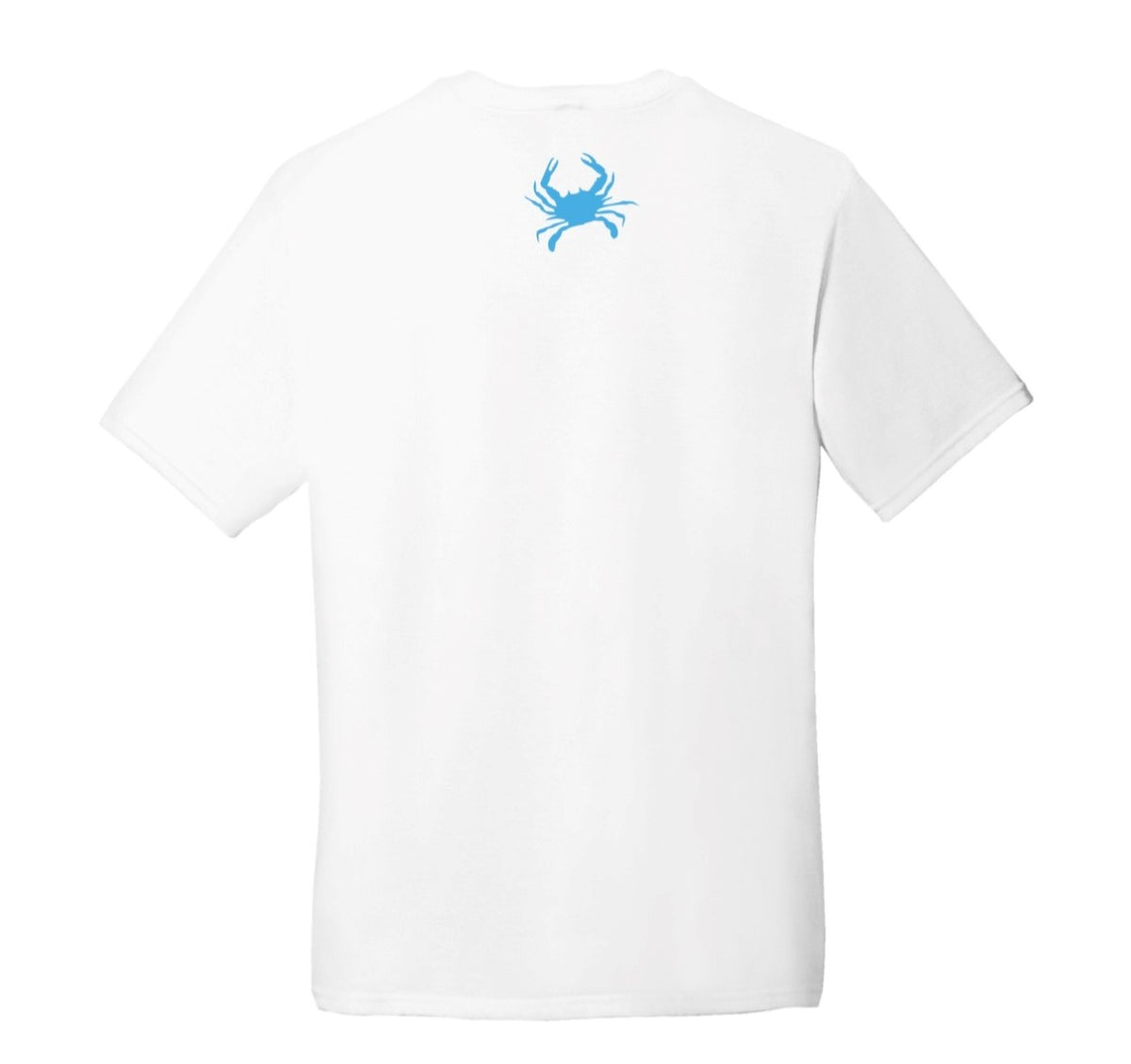 White iLoveCrabs T-shirt, back with a small light blue crab