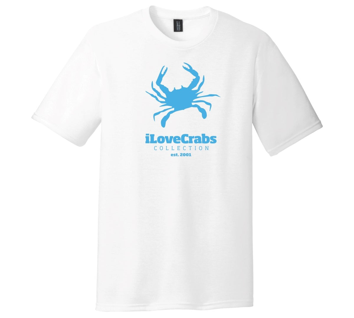 White iLoveCrabs T-shirt with a light blue crab logo, front