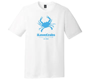 White iLoveCrabs T-shirt with a light blue crab logo, front