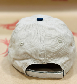 Beige iLoveCrabs USA cloth cap, back with adjustable strap