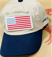 Beige iLoveCrabs USA cloth cap with American flag patch, front