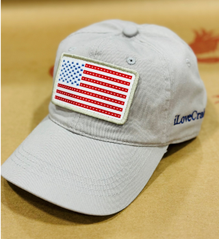 Gray iLoveCrabs USA cloth cap with an American flag patch, front