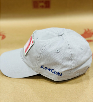Gray iLoveCrabs USA cloth cap, side view with iLoveCrabs embroidery